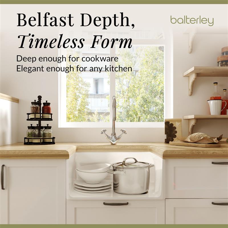 Single Bowl Fireclay Belfast Sink Bundle with Basket Strainer Waste & Mono Kitchen Sink Mixer Tap - 595mm