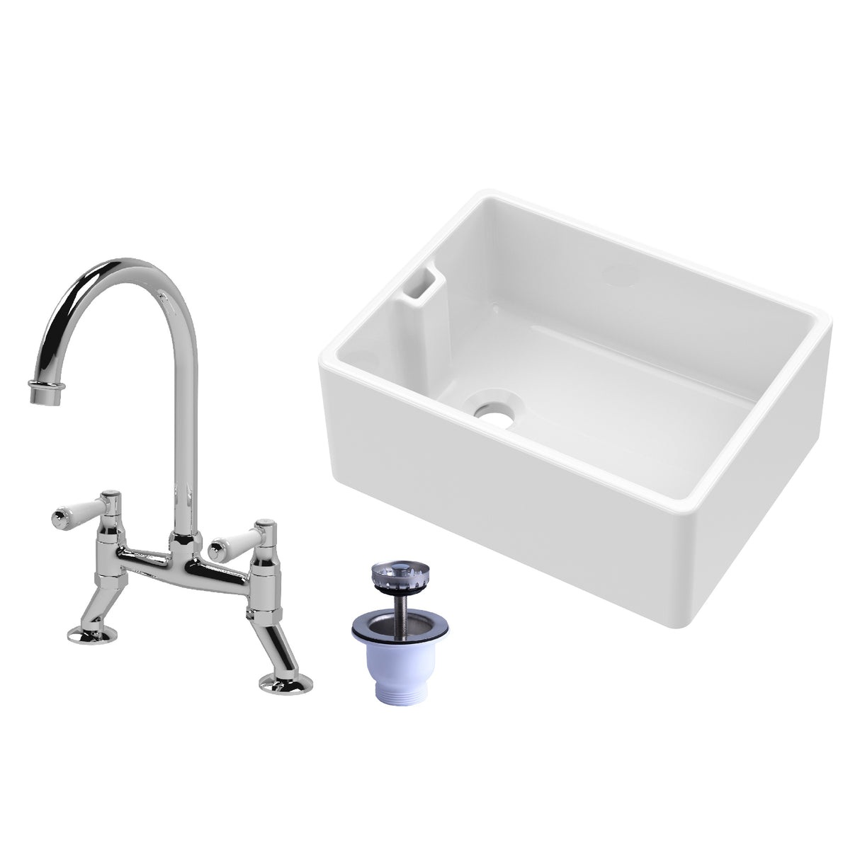 Fireclay Kitchen Bundle - Single Bowl Belfast Sink, Strainer Waste & Bridge Mixer Tap, 595mm - Chrome