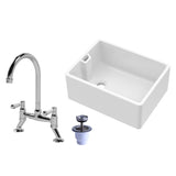 Fireclay Kitchen Bundle - Single Bowl Belfast Sink, Strainer Waste & Bridge Mixer Tap, 595mm - Chrome