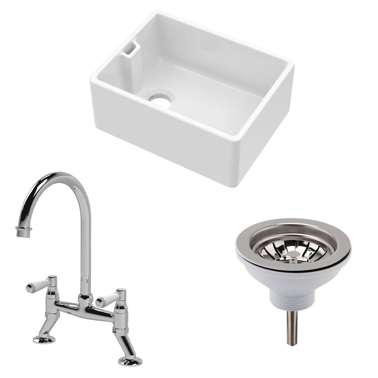 Fireclay Kitchen Bundle - Single Bowl Belfast Sink, Strainer Waste & Bridge Mixer Tap, 595mm - Chrome