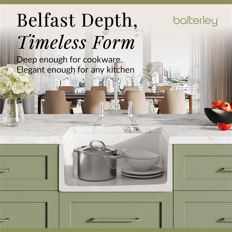 Fireclay Kitchen Bundle - Single Bowl Belfast Sink, Strainer Waste & Bridge Mixer Tap, 595mm - Chrome