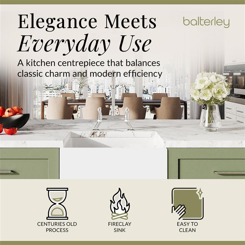 Fireclay Kitchen Bundle - Single Bowl Belfast Sink, Strainer Waste & Bridge Mixer Tap, 595mm - Chrome