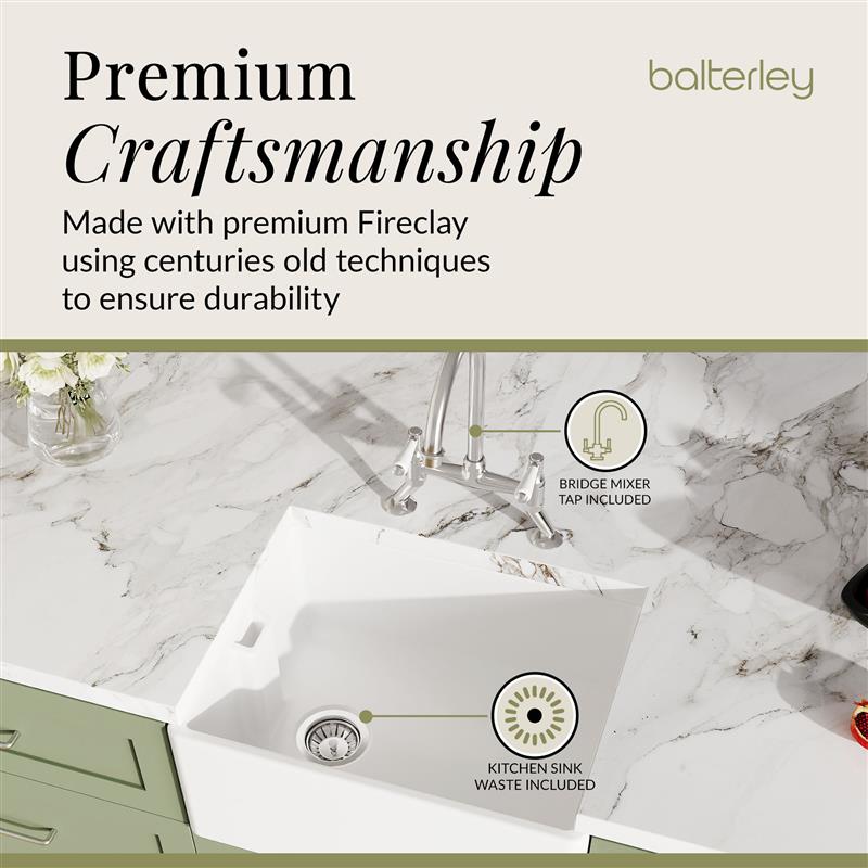 Fireclay Kitchen Bundle - Single Bowl Belfast Sink, Strainer Waste & Bridge Mixer Tap, 595mm - Chrome