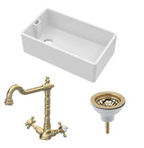 Fireclay Kitchen Bundle - Single Bowl Belfast Sink, Strainer Waste & French Classic Tap, 795mm - Brushed Brass