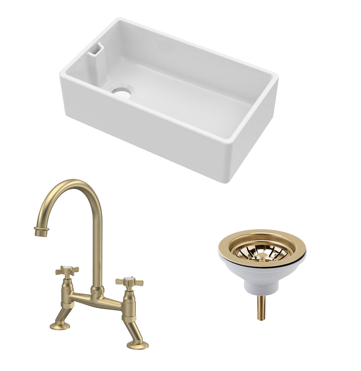 Fireclay Kitchen Bundle - Single Bowl Belfast Sink, Strainer Waste & Bridge Crosshead Tap, 795mm - Brushed Brass