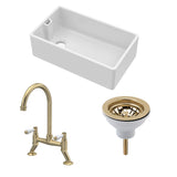 Fireclay Kitchen Bundle - Single Bowl Belfast Sink, Strainer Waste & Bridge Lever Tap, 795mm - Brushed Brass