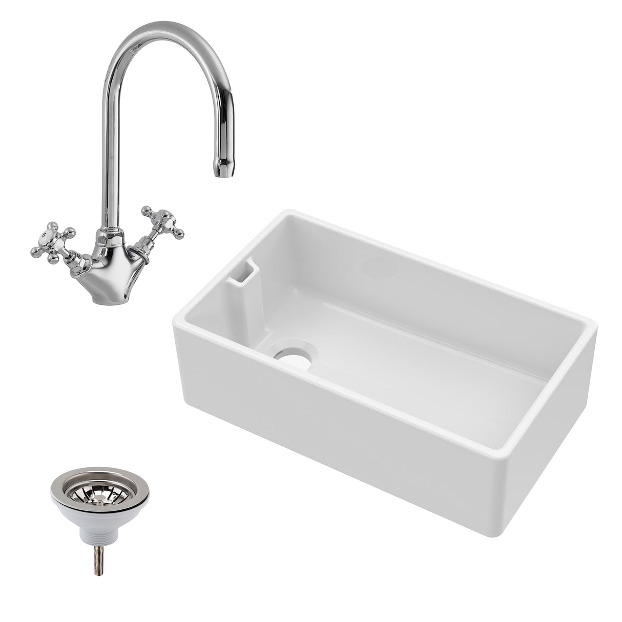 Fireclay Belfast Kitchen Sink Bundle with Overflow, Mono Sink Mixer Tap & Waste