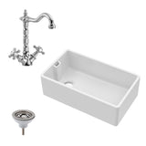 Belfast Fireclay Ceramic Kitchen Sink Bundle with Overflow, French Classic Tap & Waste