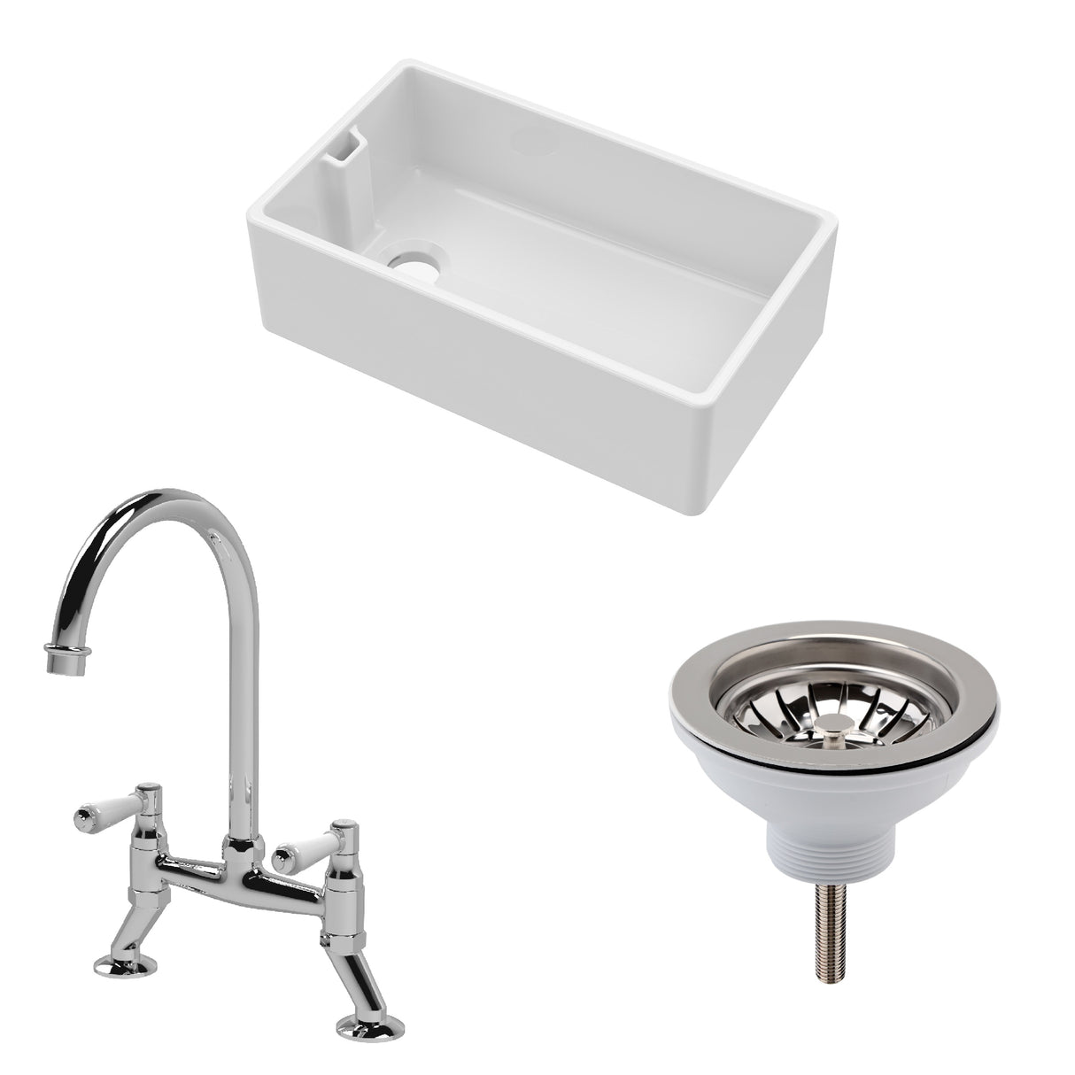 Fireclay Kitchen Bundle - Single Bowl Belfast Sink, Strainer Waste & Bridge Mixer Tap, 795mm - Chrome