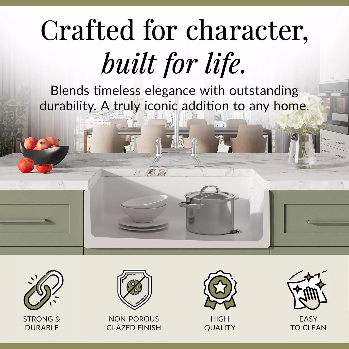 Fireclay Kitchen Bundle - Single Bowl Belfast Sink, Strainer Waste & Bridge Mixer Tap, 795mm - Chrome