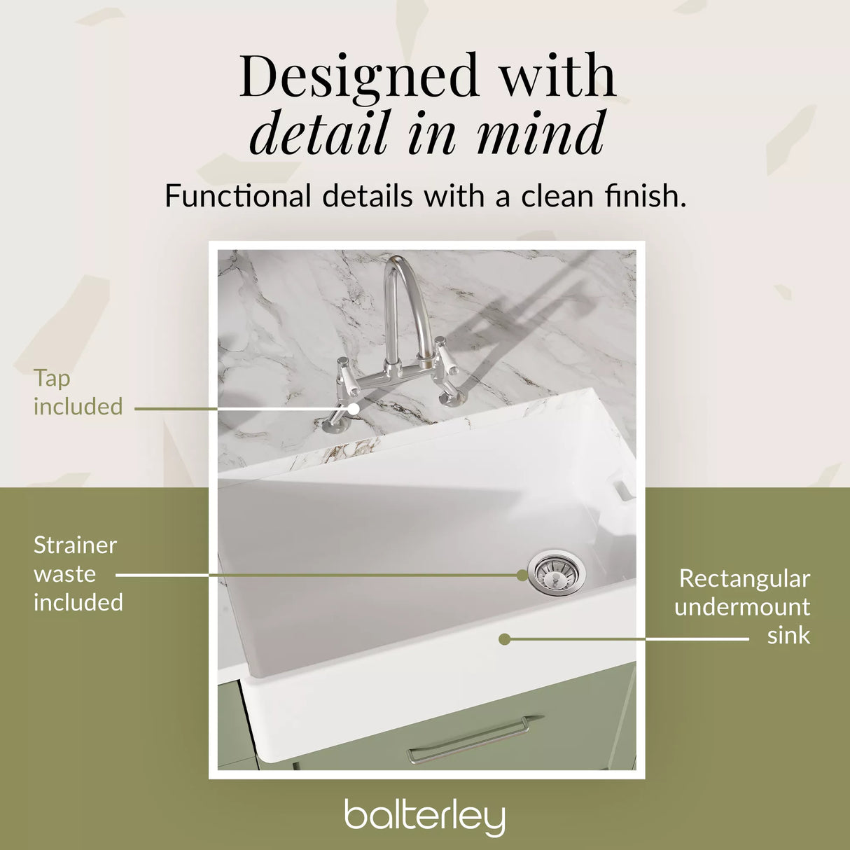 Fireclay Kitchen Bundle - Single Bowl Belfast Sink, Strainer Waste & Bridge Mixer Tap, 795mm - Chrome