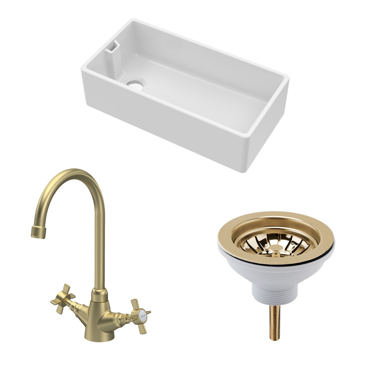 Fireclay Kitchen Bundle - Single Bowl Belfast Sink, Strainer Waste & Mono Crosshead Handle Tap, 895mm - Brushed Brass