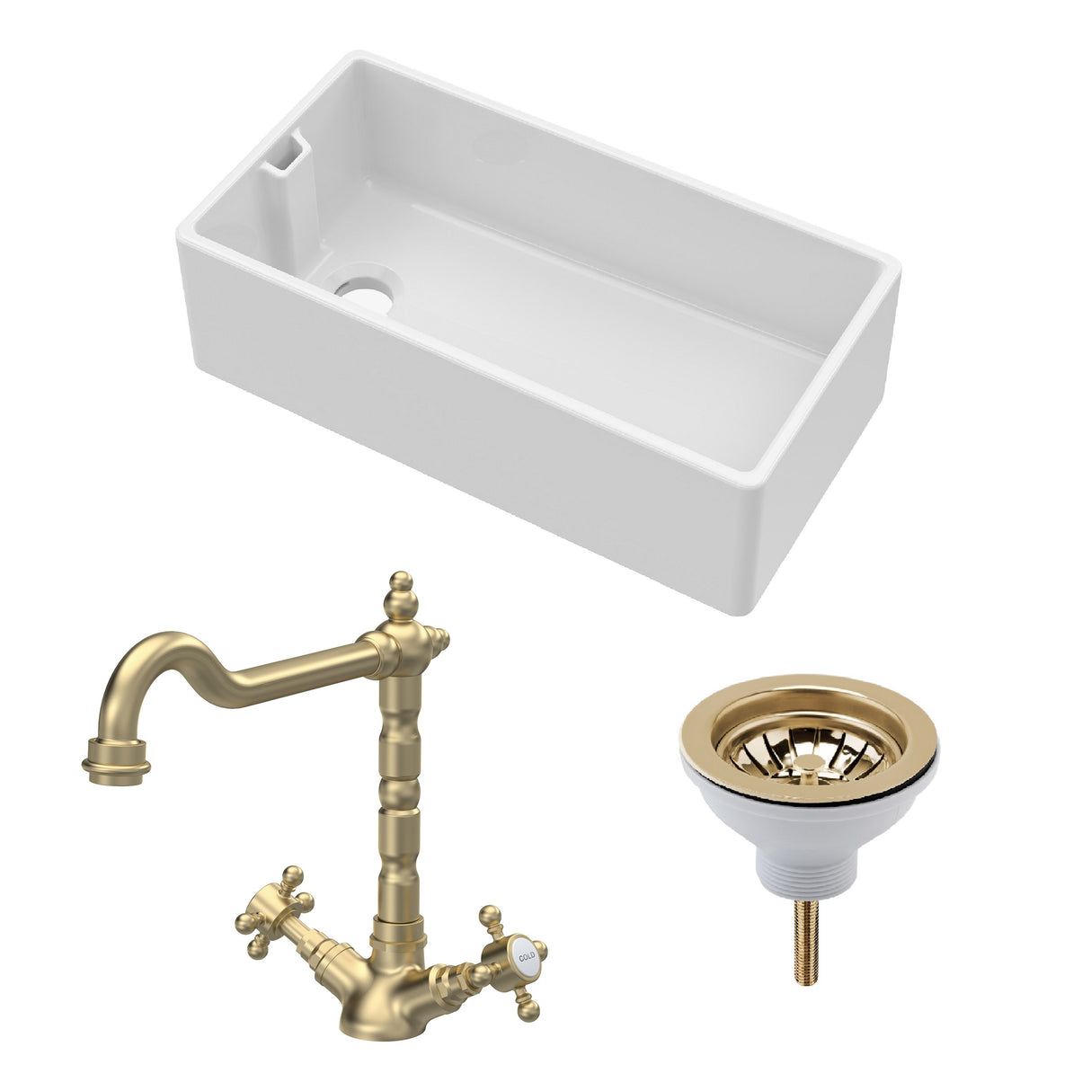 Fireclay Kitchen Bundle - Single Bowl Belfast Sink, Strainer Waste & French Classic Mono Tap, 895mm - Brushed Brass