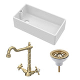 Fireclay Kitchen Bundle - Single Bowl Belfast Sink, Strainer Waste & French Classic Mono Tap, 895mm - Brushed Brass