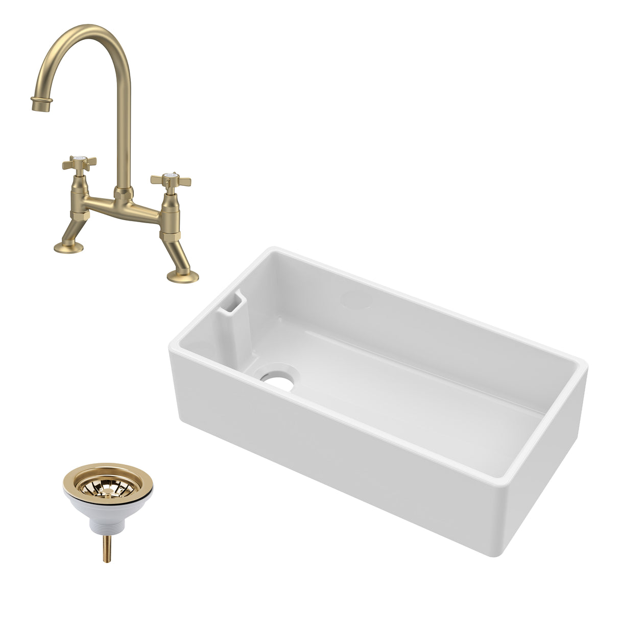 Fireclay Kitchen Bundle - Single Bowl Belfast Sink, Strainer Waste & Bridge Crosshead Mixer Tap, 895mm - Brushed Brass