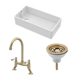 Fireclay Kitchen Bundle - Single Bowl Belfast Sink, Strainer Waste & Bridge Lever Mixer Tap, 895mm - Brushed Brass