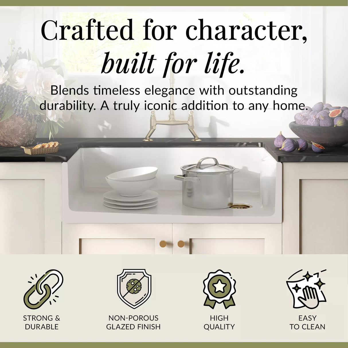 Fireclay Kitchen Bundle - Single Bowl Belfast Sink, Strainer Waste & Bridge Lever Mixer Tap, 895mm - Brushed Brass