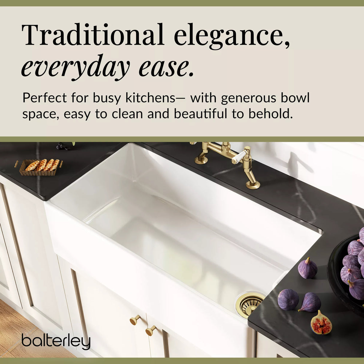 Fireclay Kitchen Bundle - Single Bowl Belfast Sink, Strainer Waste & Bridge Lever Mixer Tap, 895mm - Brushed Brass