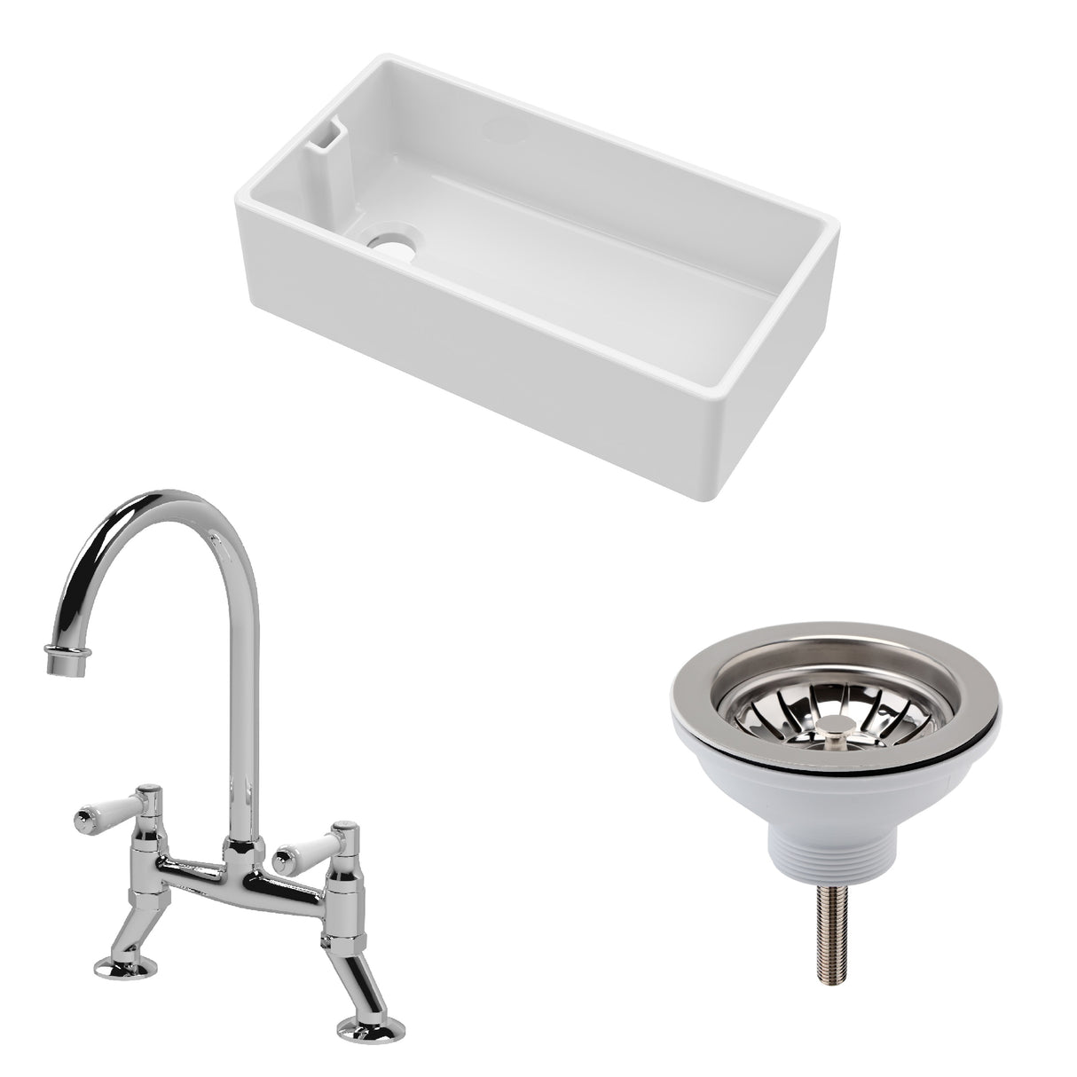 Fireclay Kitchen Bundle - Single Bowl Belfast Sink, Strainer Waste & Bridge Mixer Tap, 895mm - Chrome