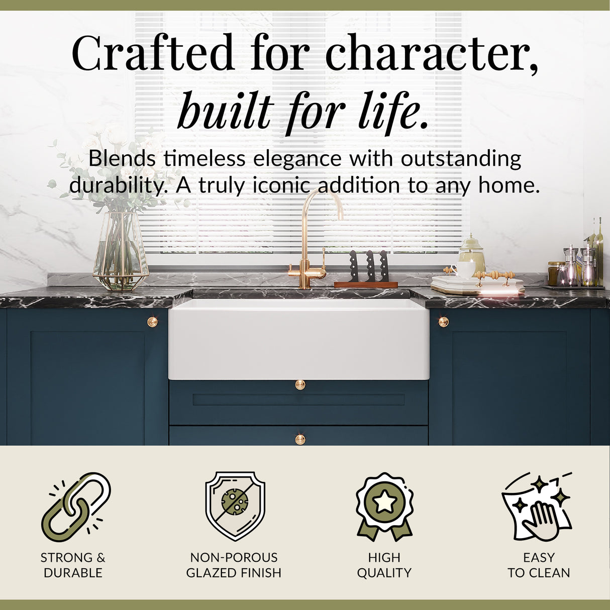 Single Bowl Fireclay Ceramic Belfast Kitchen Sink & Basket Strainer Waste