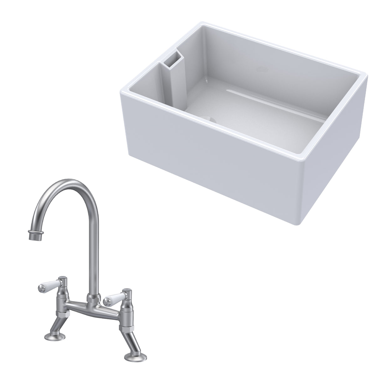 Fireclay Kitchen Bundle - Single Bowl Belfast Sink & Bridge Lever Mixer Tap, 615mm - Brushed Nickel