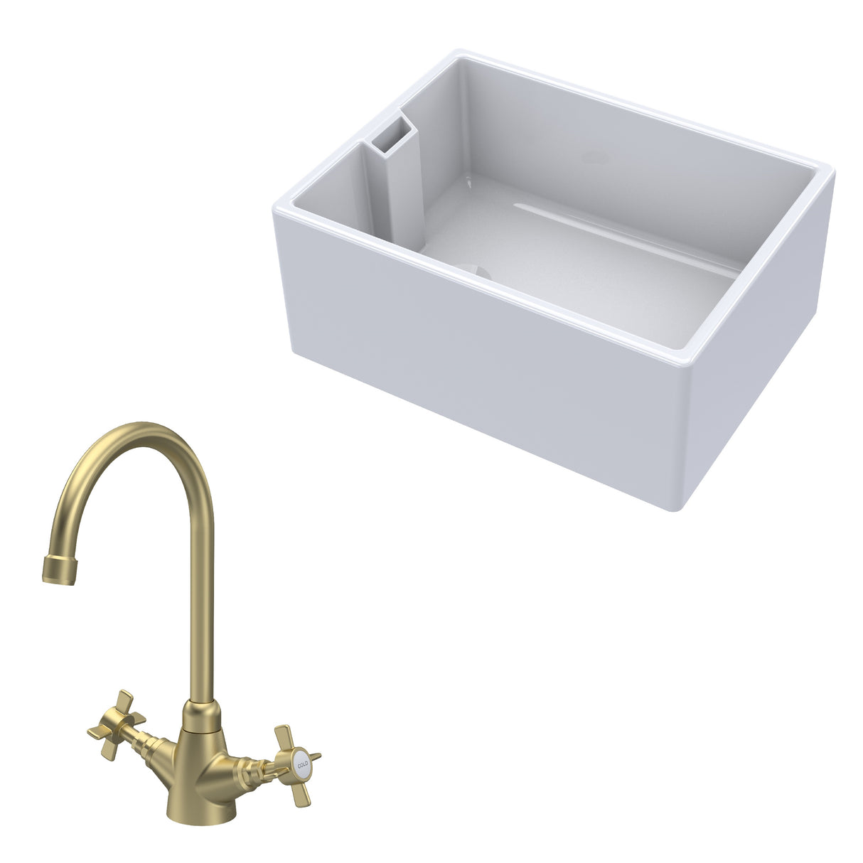 Fireclay Kitchen Bundle - Single Bowl Belfast Sink & Mono Crosshead Handle Tap, 615mm - Brushed Brass