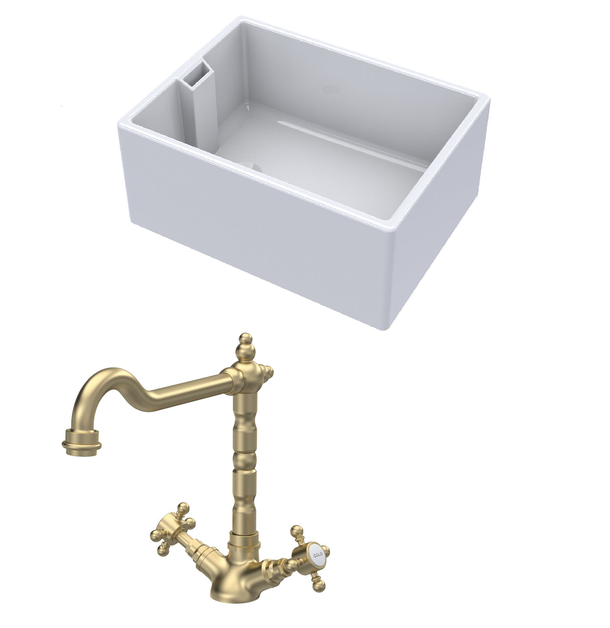 Fireclay Kitchen Bundle - Single Bowl Belfast Sink & French Classic Mono Tap, 615mm - Brushed Brass