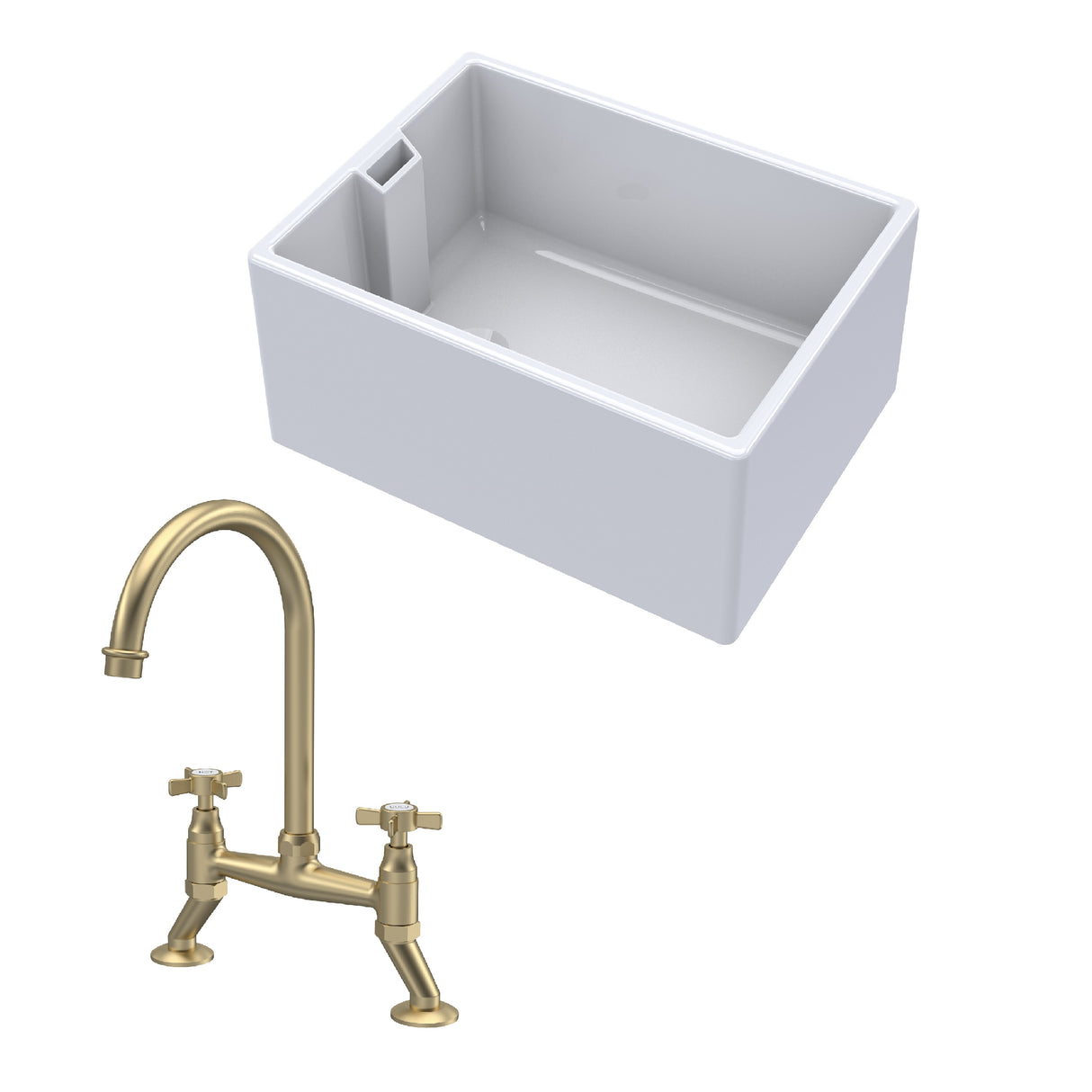 Fireclay Kitchen Bundle - Single Bowl Belfast Sink & Bridge Crosshead Mixer Tap, 615mm - Brushed Brass