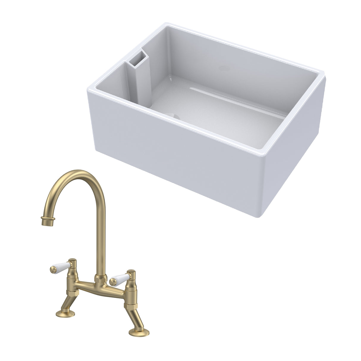 Fireclay Kitchen Bundle - Single Bowl Belfast Sink & Bridge Lever Mixer Tap, 615mm - Brushed Brass