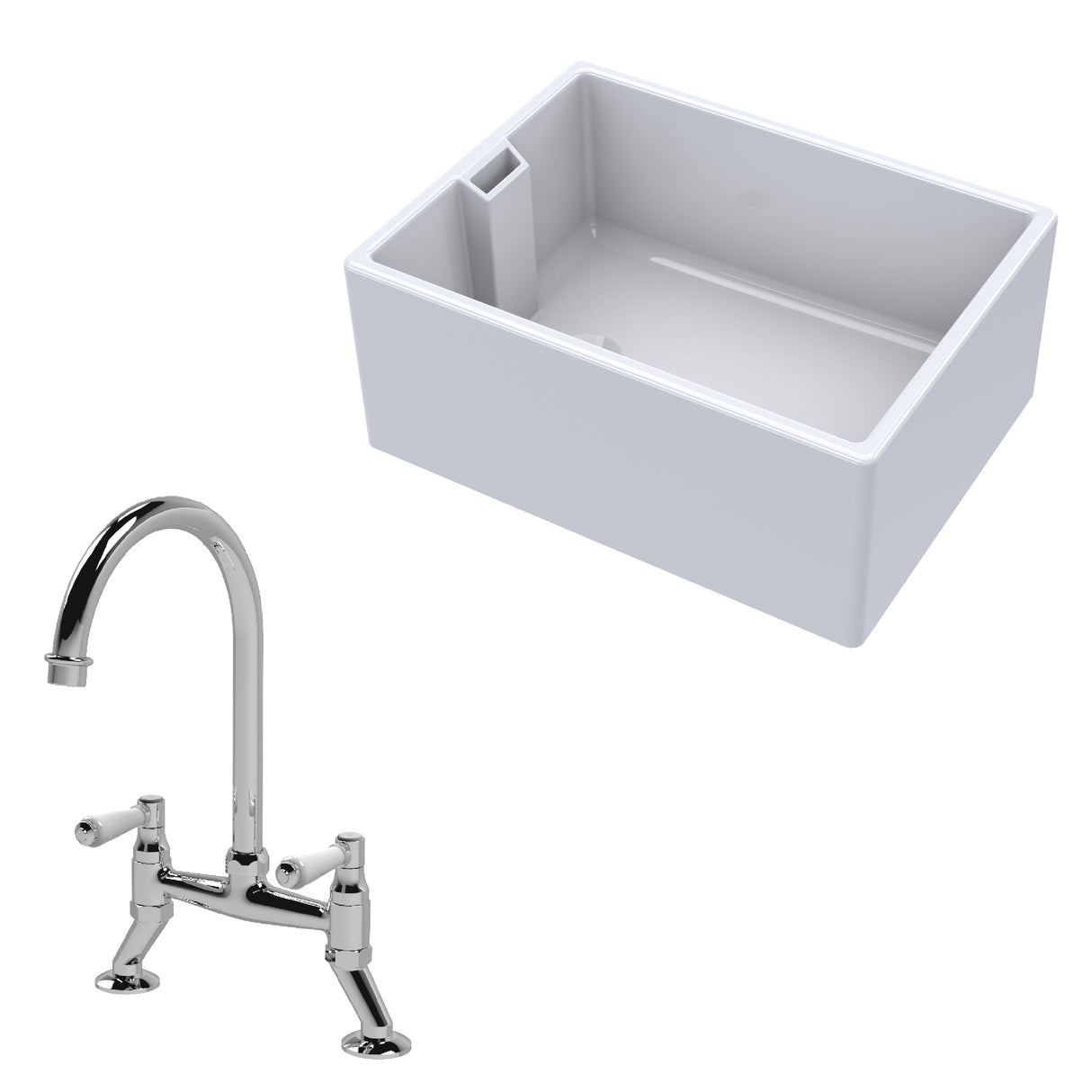 Fireclay Kitchen Bundle - Single Bowl Belfast Sink & Bridge Mixer Tap, 615mm - Chrome