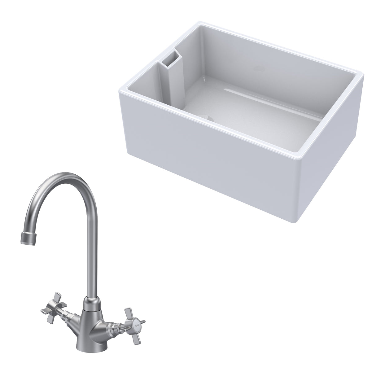 Fireclay Kitchen Bundle - Single Bowl Belfast Sink & Mono Crosshead Handle Tap, 615mm - Brushed Nickel