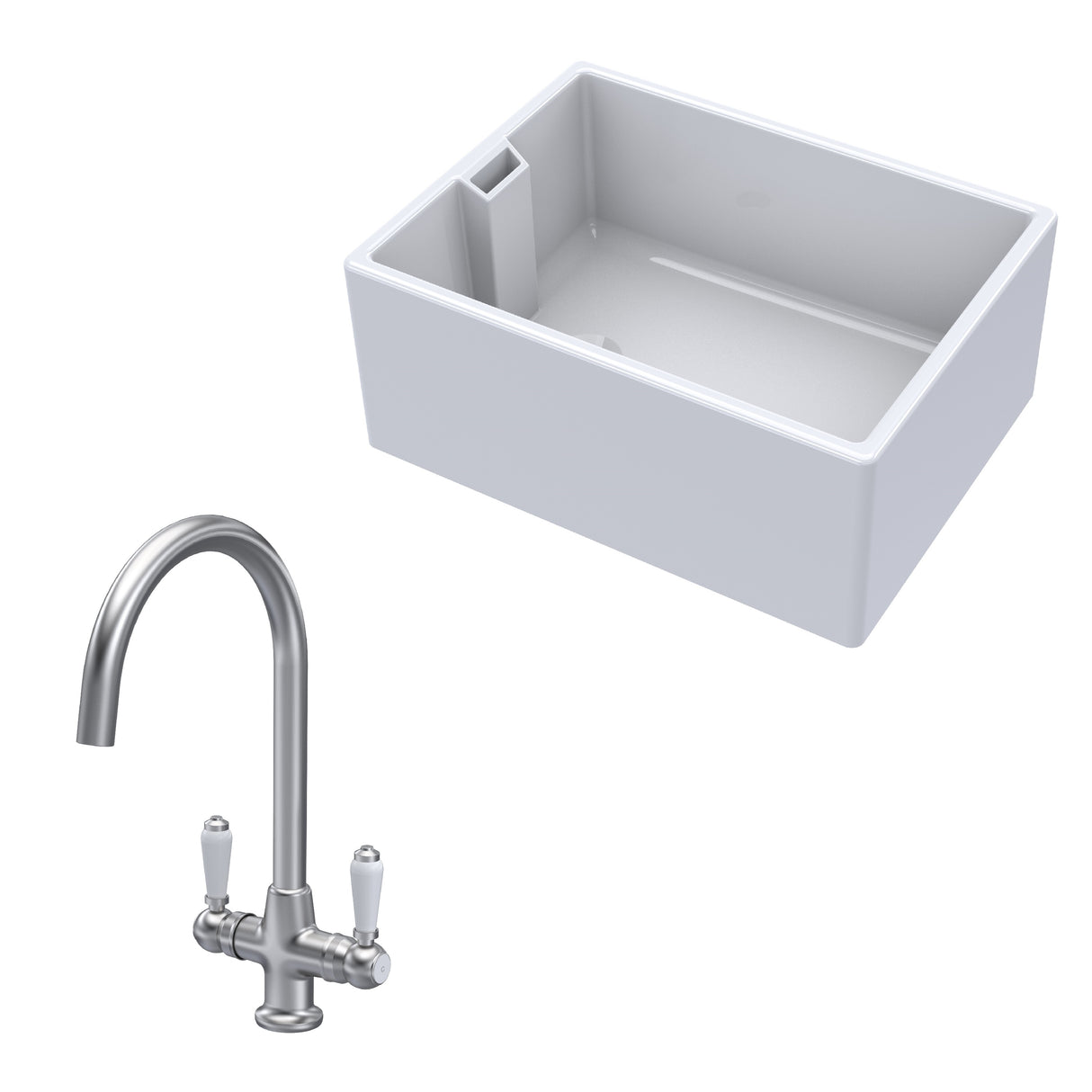 Fireclay Kitchen Bundle - Single Bowl Belfast Sink & Mono Lever Handle Tap, 615mm - Brushed Nickel