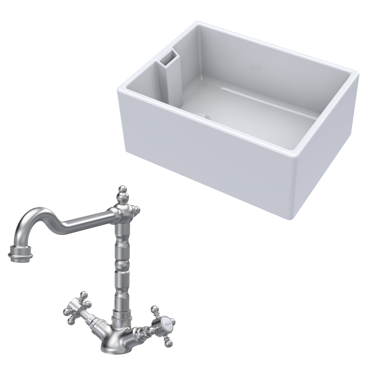 Fireclay Kitchen Bundle - Single Bowl Belfast Sink & French Classic Mono Tap, 615mm - Brushed Nickel