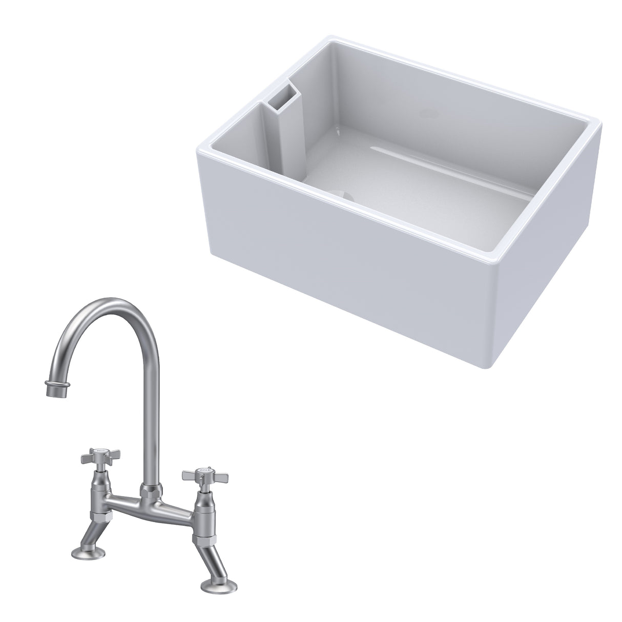 Fireclay Kitchen Bundle - Single Bowl Belfast Sink & Bridge Crosshead Mixer Tap, 615mm - Brushed Nickel