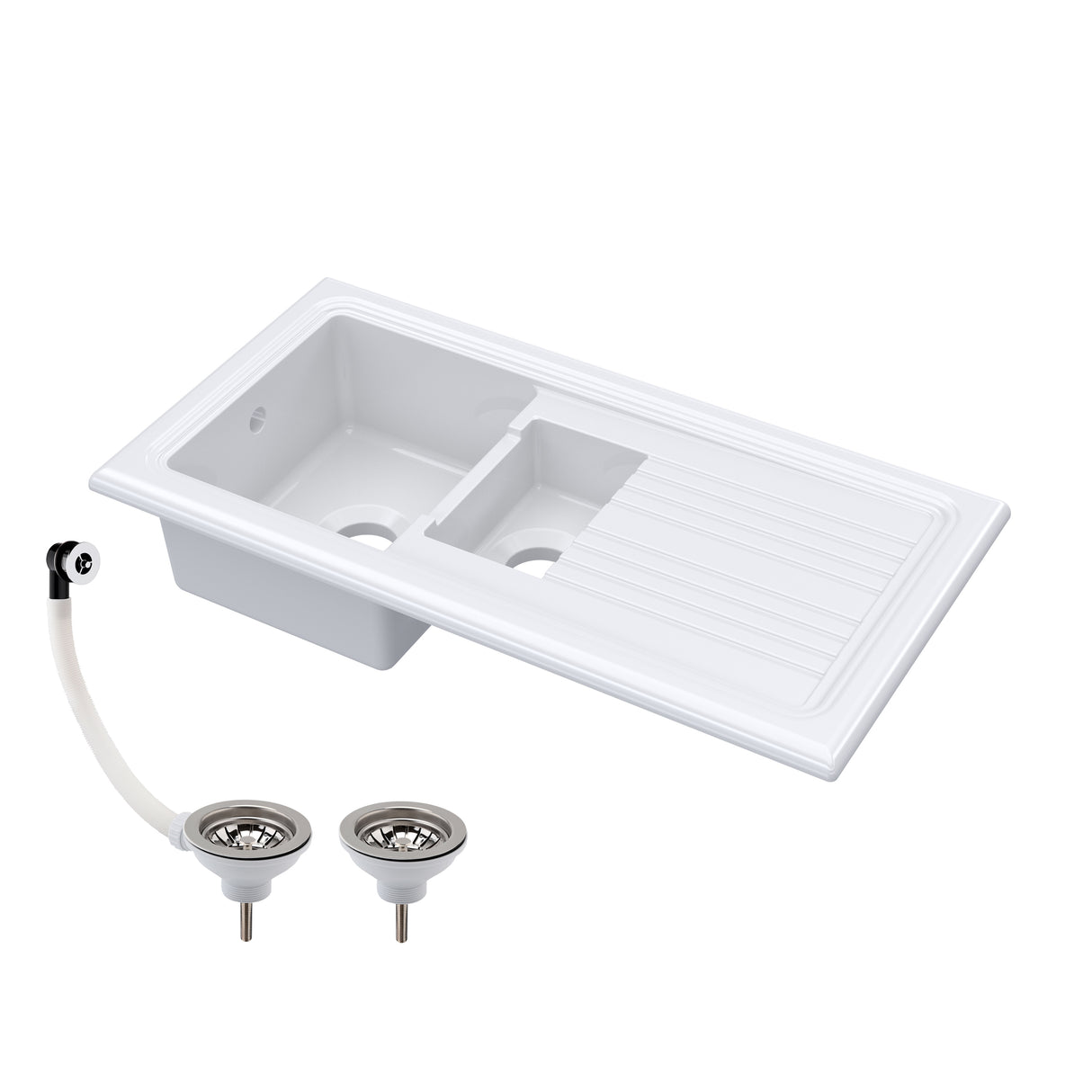 101cm 1.5 Bowl Fireclay Inset Kitchen Sink with Waste - 1010 x 525 x 235mm - Choice of Waste Finish