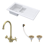 Fireclay Kitchen Bundle - 1.5 Bowl Sink & Drainer, Waste & Mono Crosshead Tap, 1010mm - Brushed Brass