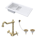 Fireclay Kitchen Bundle - 1.5 Bowl Sink & Drainer, Waste & French Classic Tap, 1010mm - Brushed Brass