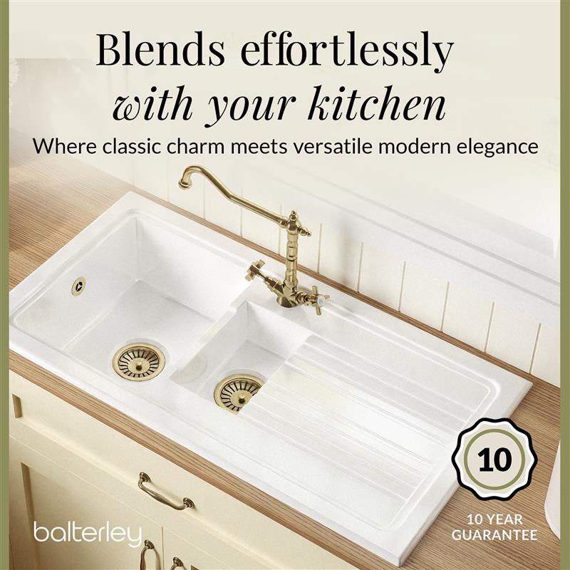 Fireclay Kitchen Bundle - 1.5 Bowl Sink & Drainer, Waste & French Classic Tap, 1010mm - Brushed Brass