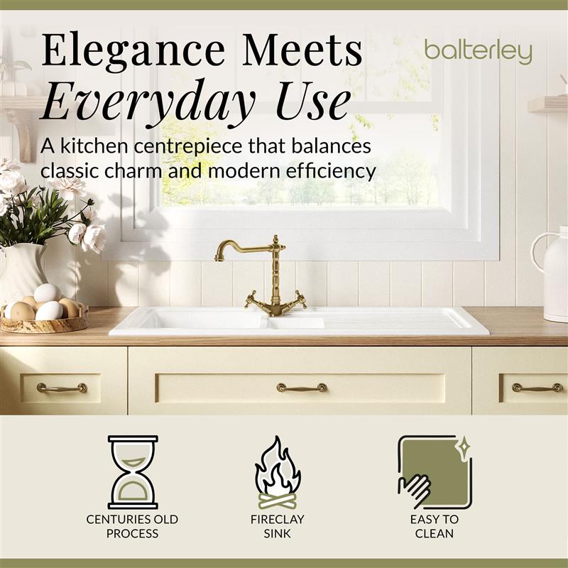 Fireclay Kitchen Bundle - 1.5 Bowl Sink & Drainer, Waste & French Classic Tap, 1010mm - Brushed Brass