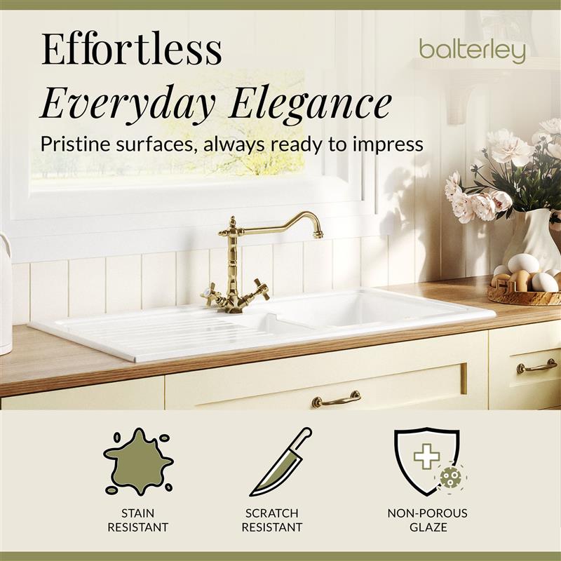 Fireclay Kitchen Bundle - 1.5 Bowl Sink & Drainer, Waste & French Classic Tap, 1010mm - Brushed Brass