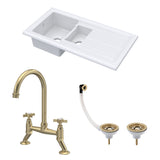 Fireclay Kitchen Bundle - 1.5 Bowl Sink & Drainer, Waste & Bridge Crosshead Tap, 1010mm - Brushed Brass