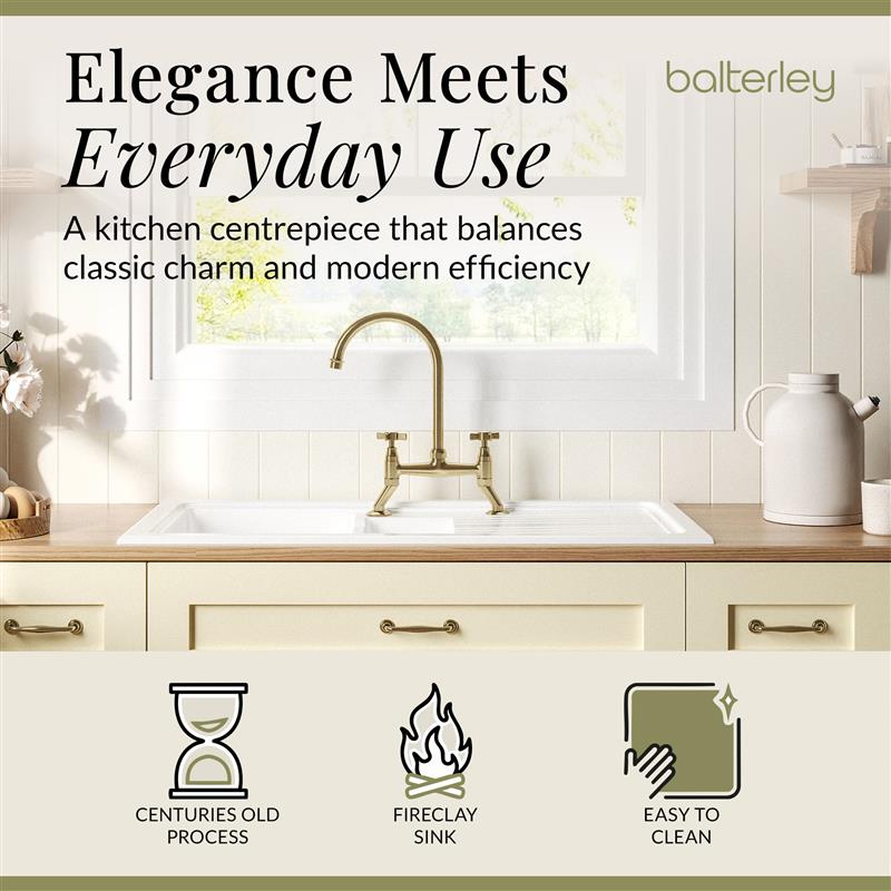 Fireclay Kitchen Bundle - 1.5 Bowl Sink & Drainer, Waste & Bridge Crosshead Tap, 1010mm - Brushed Brass