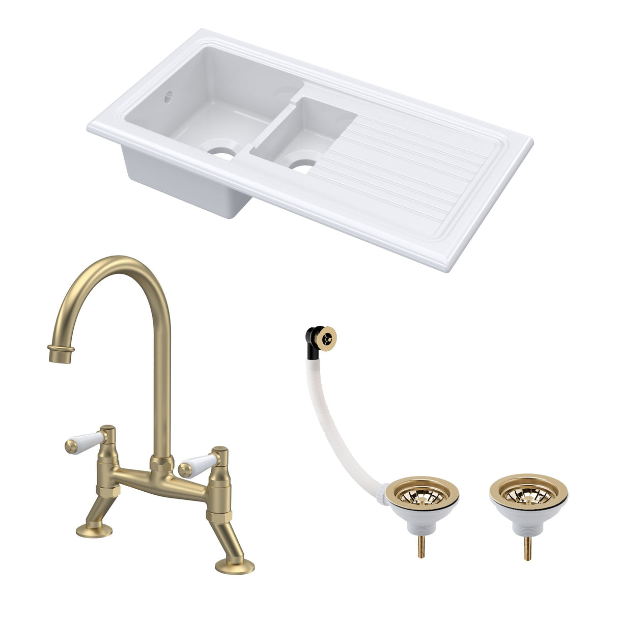 Fireclay Kitchen Bundle - 1.5 Bowl Sink & Drainer, Waste & Bridge Lever Tap, 1010mm - Brushed Brass