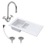 1.5 Bowl Fireclay Inset Kitchen Sink Bundle with Drainer, Mixer Tap & Wastes - 1010mm