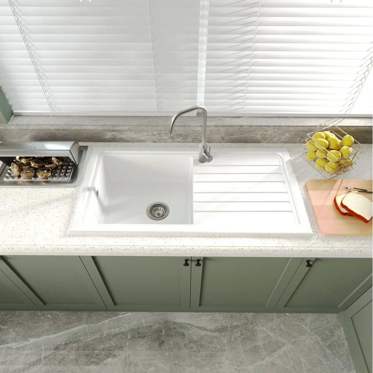 101cm 1 Bowl Fireclay Inset Kitchen Sink with Waste - 1010 x 525 x 235mm - Choice of Waste Finish