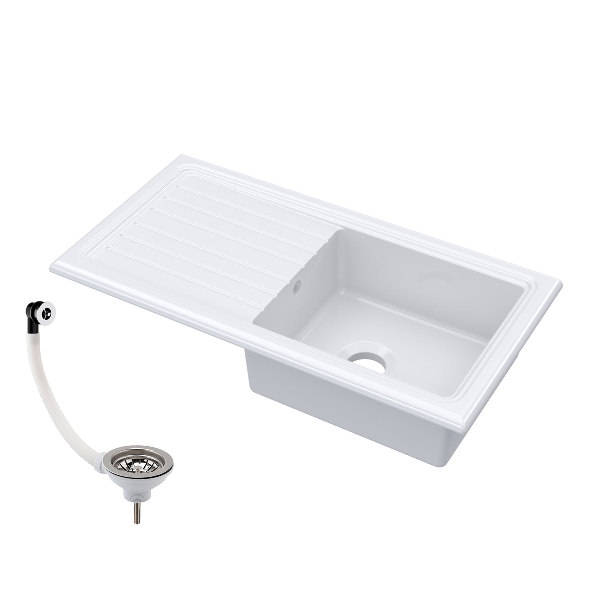 Single Bowl Fireclay Inset Kitchen Sink & Drainer, Compatible Waste, 1010mm