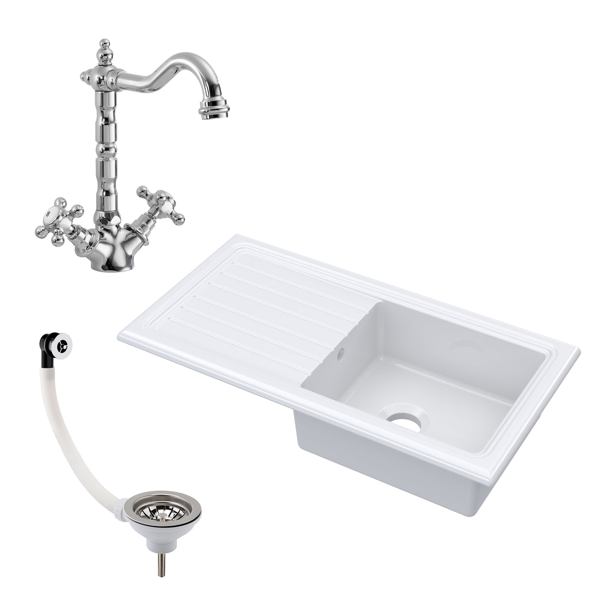 Single Bowl Fireclay Inset Kitchen Sink & Drainer, Classic Tap & Wastes, 1010mm