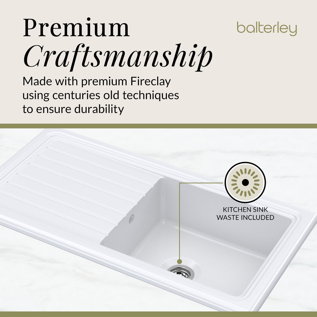 Single Bowl Fireclay Ceramic Inset Kitchen Sink & Drainer, Includes Compatible Waste, 1010mm
