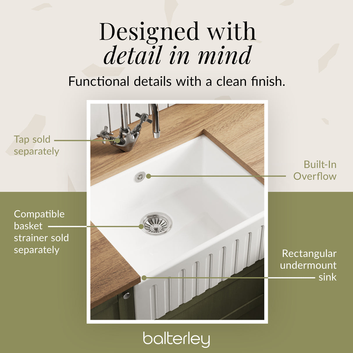 Fireclay Kitchen Single Bowl Fluted Butler Sink - Multiple Sizes Available