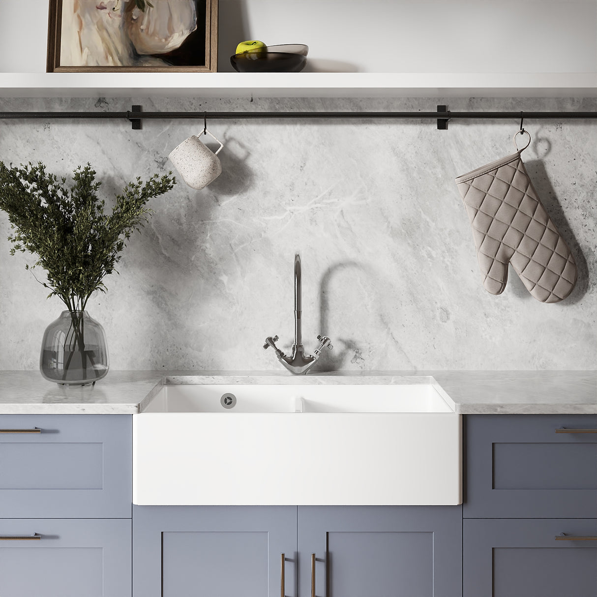 Double Bowl Fireclay Butler Kitchen Sink with a Stepped Weir & Overflow
